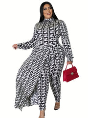 Geometric Print Long Sleeve Mock Neck Jumpsuit