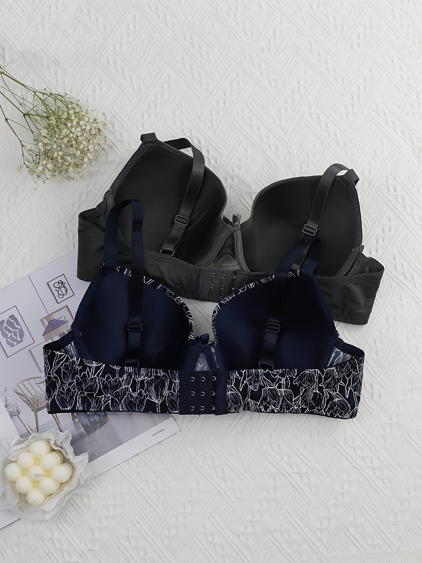 2 Pack Plus Size Bras Set Women's Tulip Print Padded Bras Two Piece Set