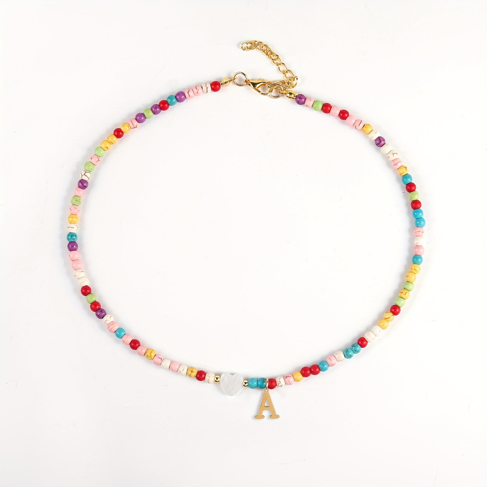 Girl's Colorful Beaded Choker Necklace with Golden Initial Letter