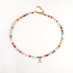 Girl's Colorful Beaded Choker Necklace with Golden Initial Letter
