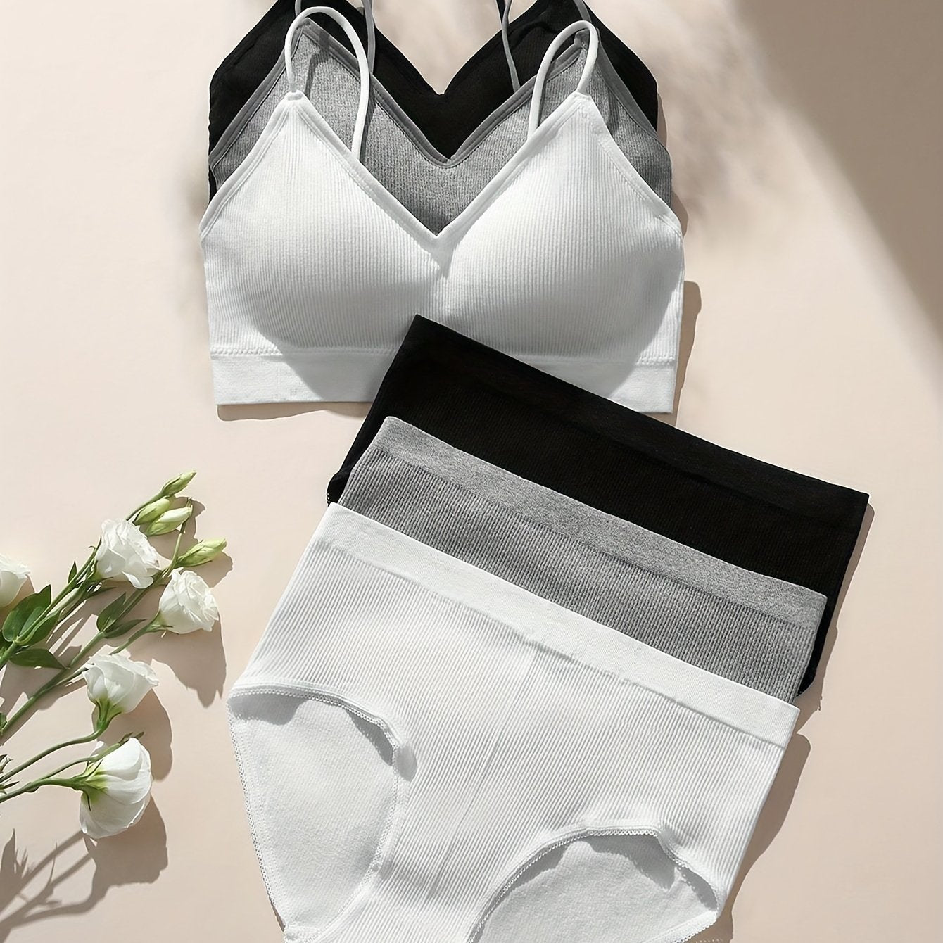 3 Sets Solid Ribbed Bra & Panties Push Up Bra & Elastic Panties Lingerie Set