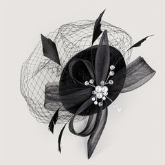 Women Faux Feather Mesh Head Piece Faux Pearl Rhinestone Head Jewelry