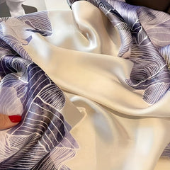 Purple Flower Print Satin Scarf Silk Shawl Large Sunscreen Head Wraps