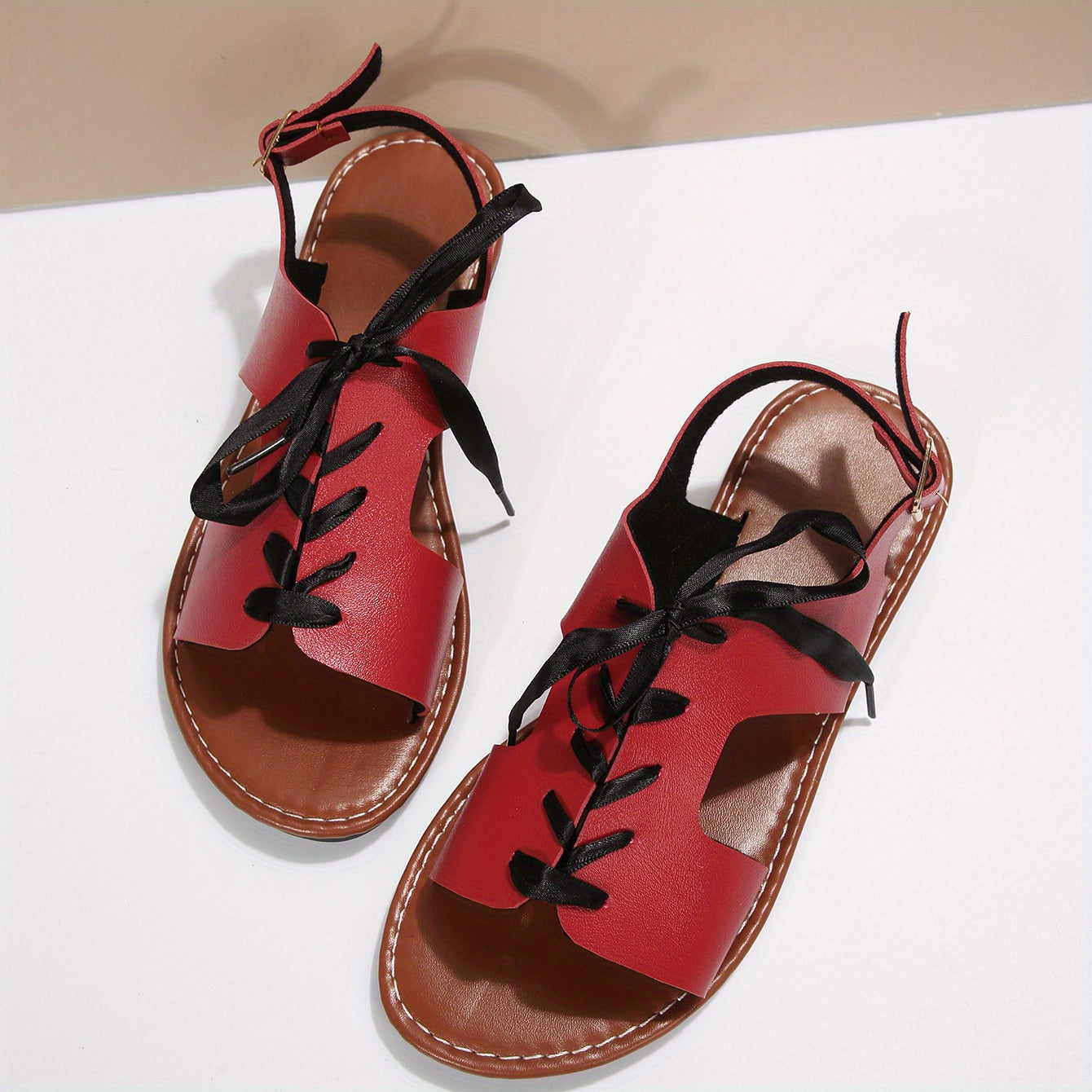 Women's Lace Up Flat Sandals Back Buckle Strap Faux Leather Shoes