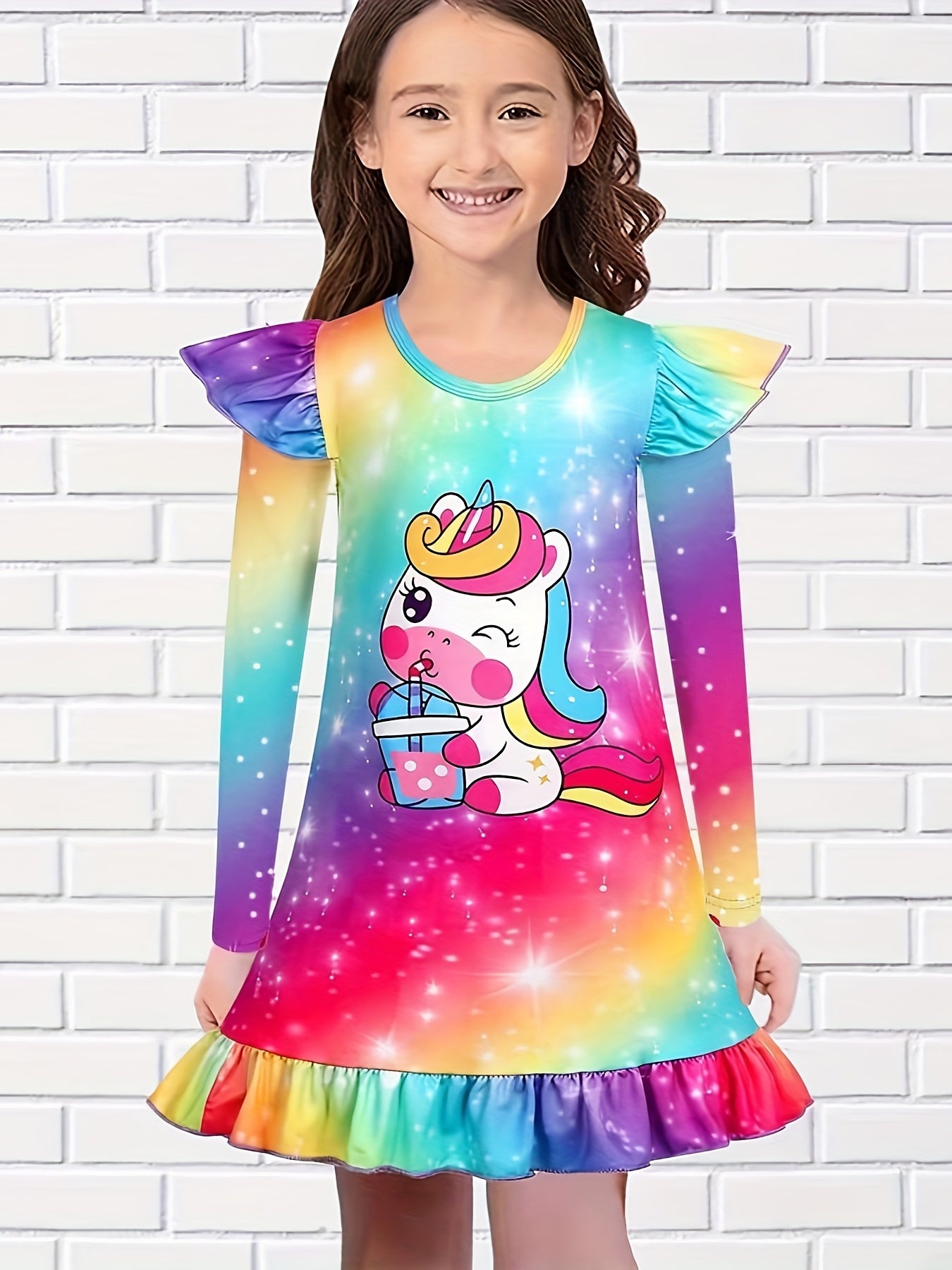 Girls Unicorn Print Flutter Trim Dress Spring Fall Christmas Gift