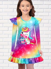 Girls Unicorn Print Flutter Trim Dress Spring Fall Christmas Gift