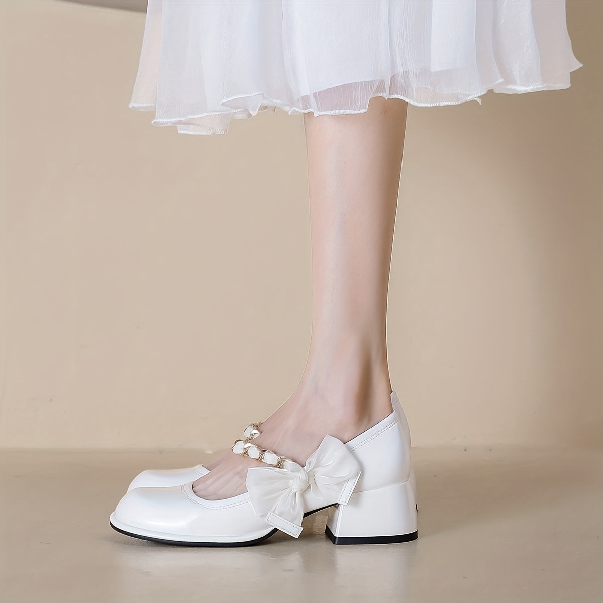 Women's Chain & Pearl Decor Strap Pumps Chunky Heel Shoes