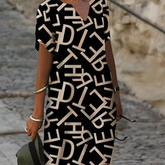 Random Print Short Sleeve Notched Neck Dress for Women