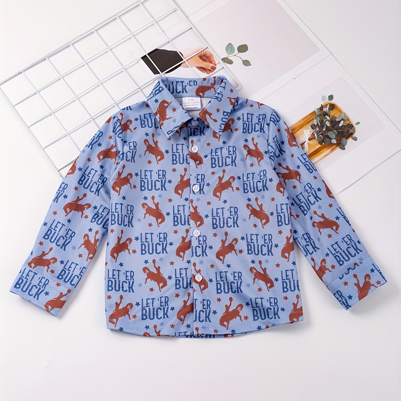 Boys Letter Horse Full Print Long Sleeve Button Down Shirt