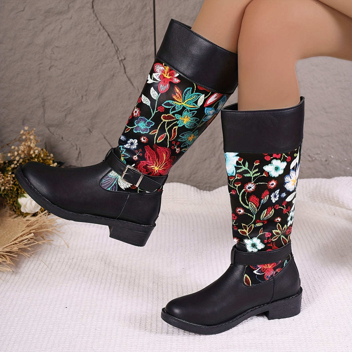 Women's Floral Print Waterproof High Top Boots