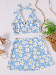 Floral Print Cami Tops & High Waist Vacation Skirts Set