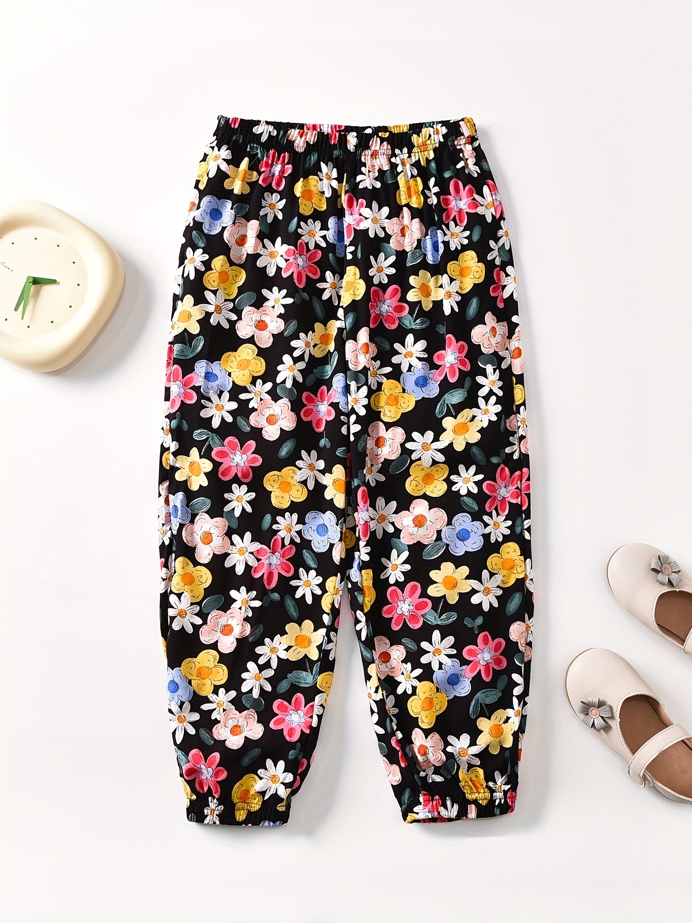 Girls Tiny Flowers Graphic Cotton Jogger Trousers Summer Kids Baggy Pants
