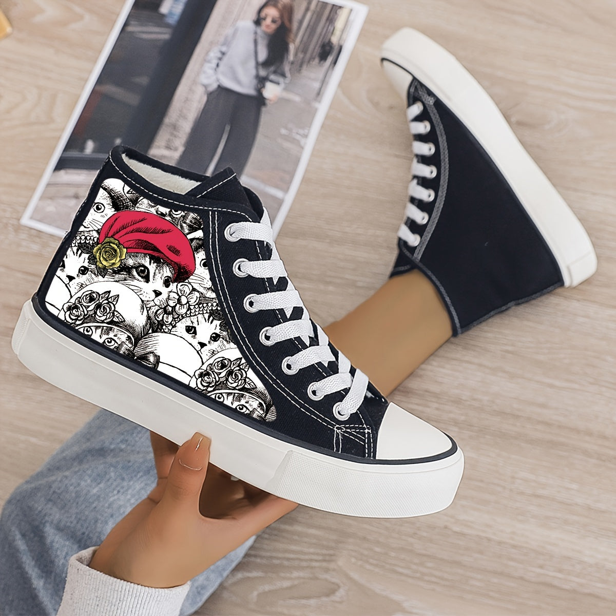 Cat Print Plush Lined Chunky Canvas Sneakers