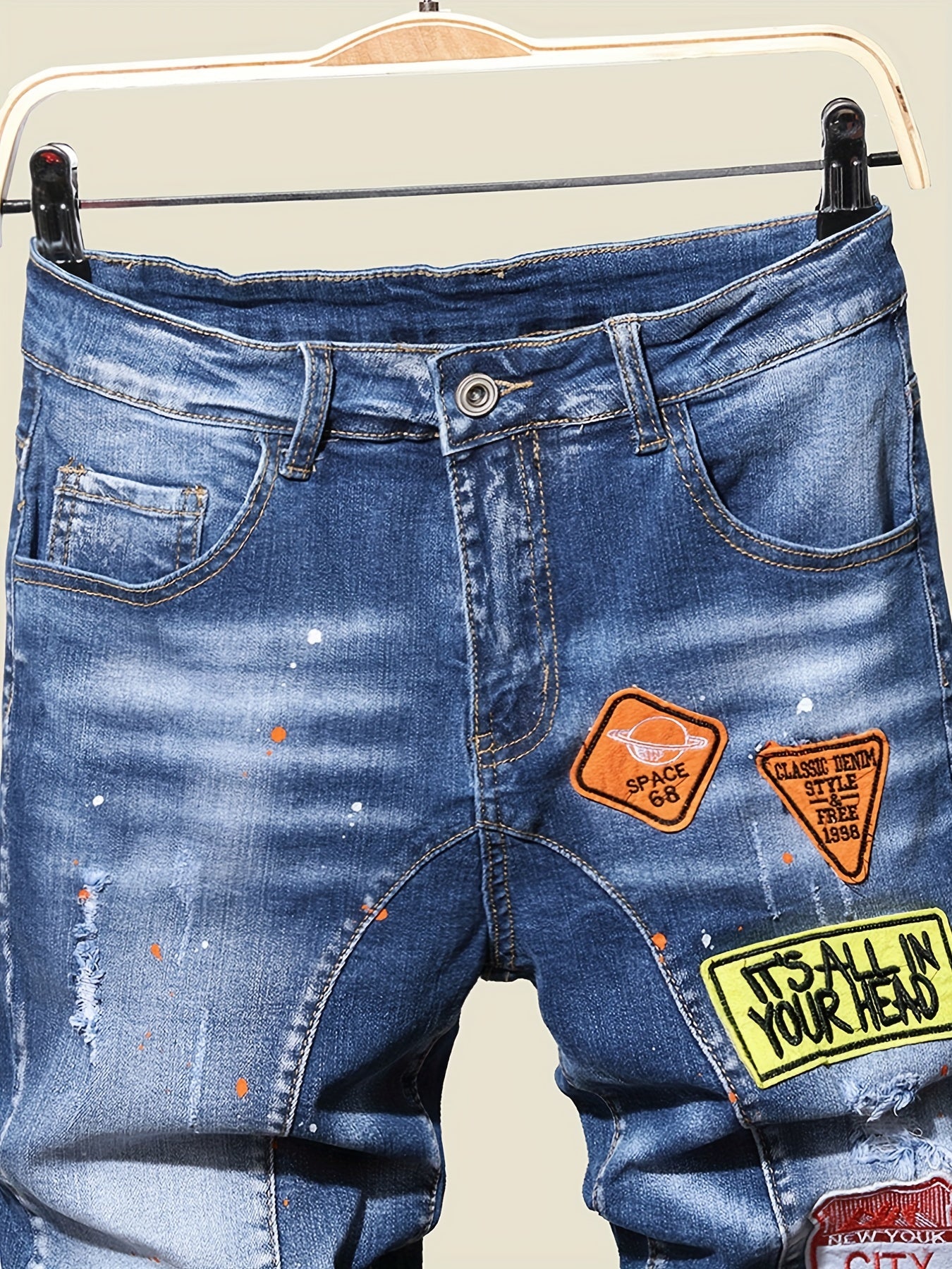 Splatter Dot Slim Fit High Stretch Denim Shorts Men's Summer Shorts