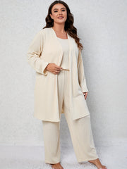 Textured Cami Top & Wide Leg Pants & Robe Pajama Set