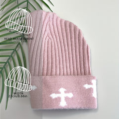 Pink Cross Jacquard Beanie Y2K Elastic Knit Hat