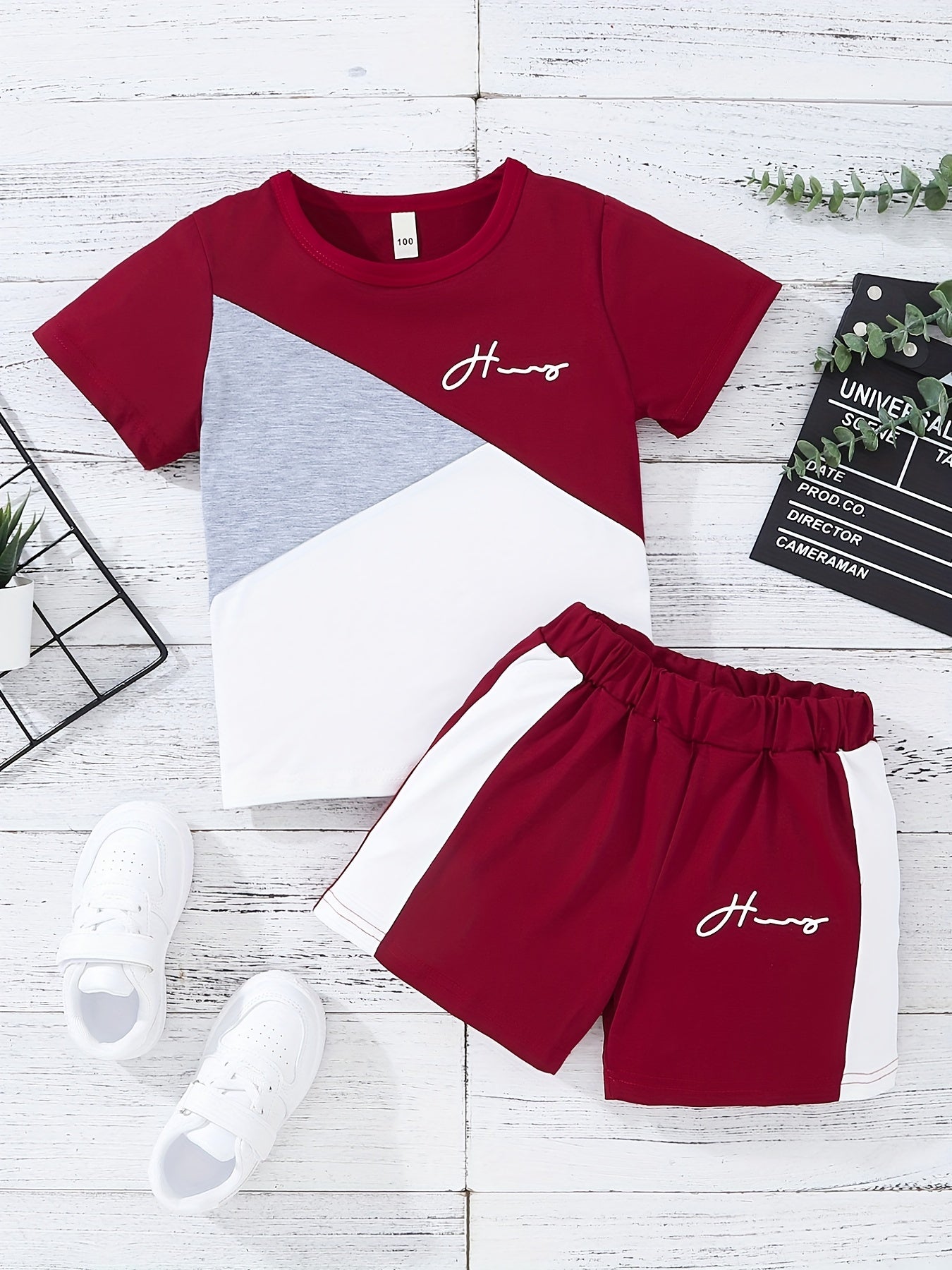 2pcs Boys Teen Casual Block T Shirt & Shorts Set For Summer