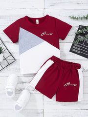 2pcs Boys Teen Casual Block T Shirt & Shorts Set For Summer