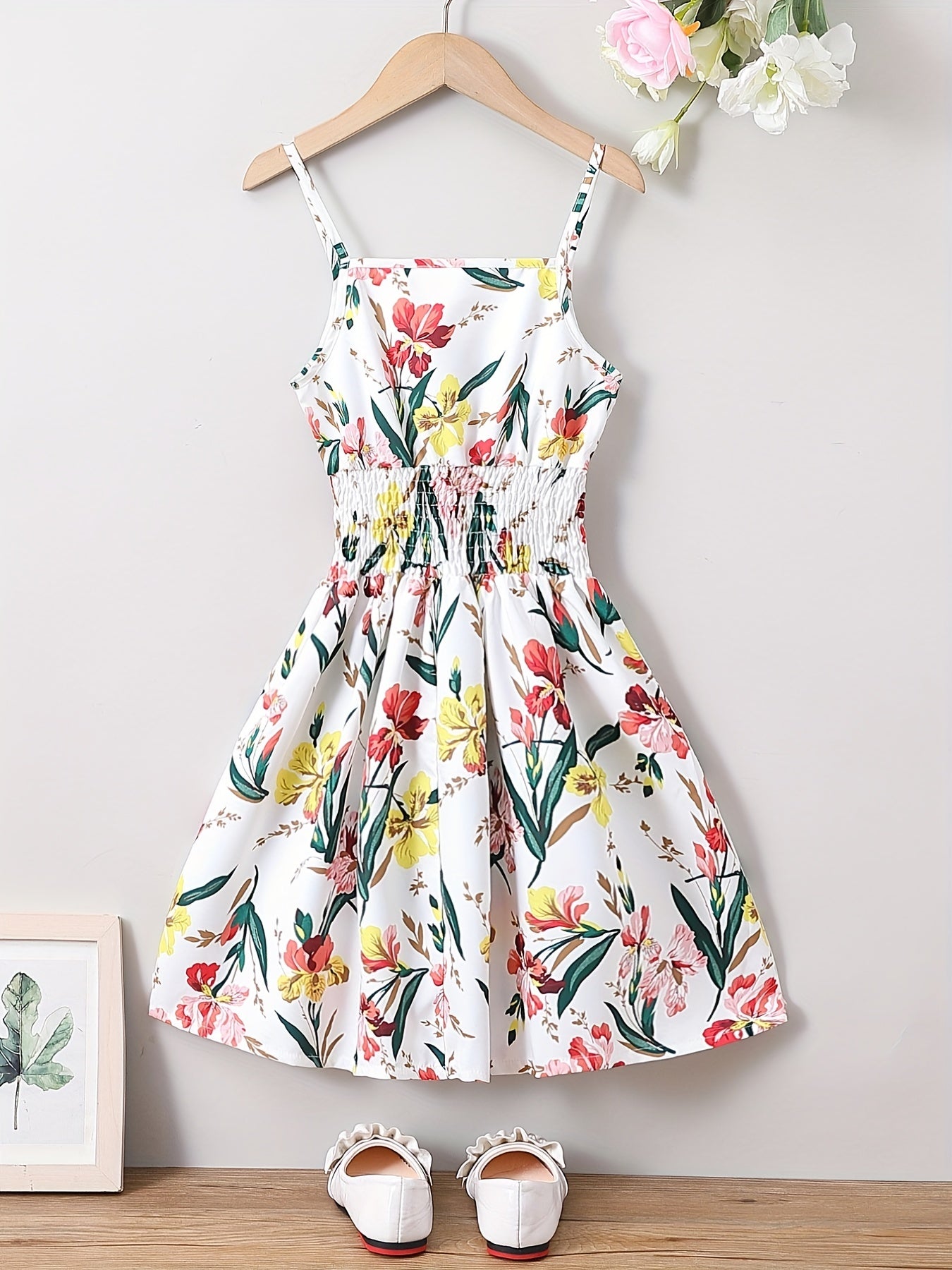 Girls Sling Dress Flower Casual Shirred Camisole Dress