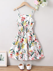 Girls Sling Dress Flower Casual Shirred Camisole Dress