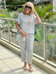 Polka Dot Matching Two piece Set Casual Ruffle Trim Blouse & Loose Pants