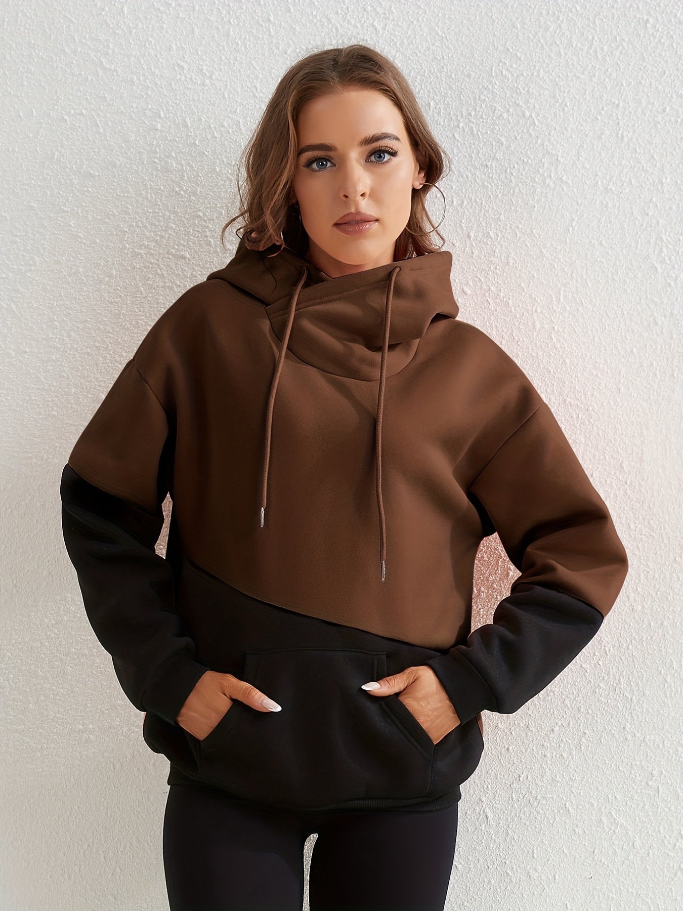 Block Kangaroo Pockets Hoodie for Women