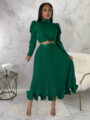 Puff Sleeve Top & Pleated Skirt Set Women's Outfit