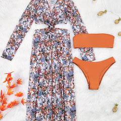 Floral Bandeau Bikini Set With Long Sleeve Cover Up