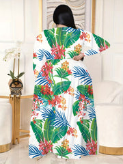 Plus Tropical Print Long Sleeve Crop Top & Wide Leg Pants Set