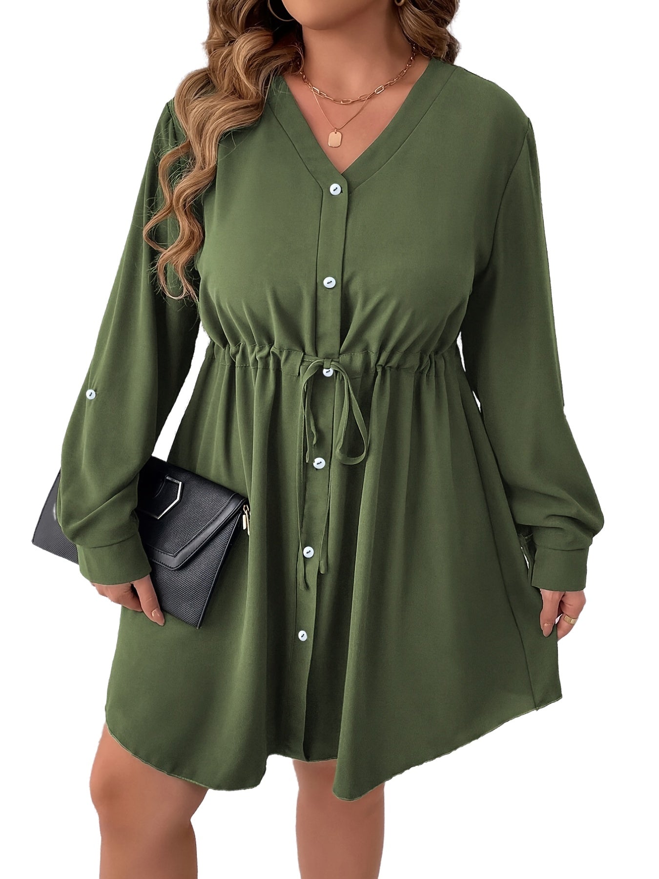 Button Front Long Sleeve Midi Dress Women's Plus