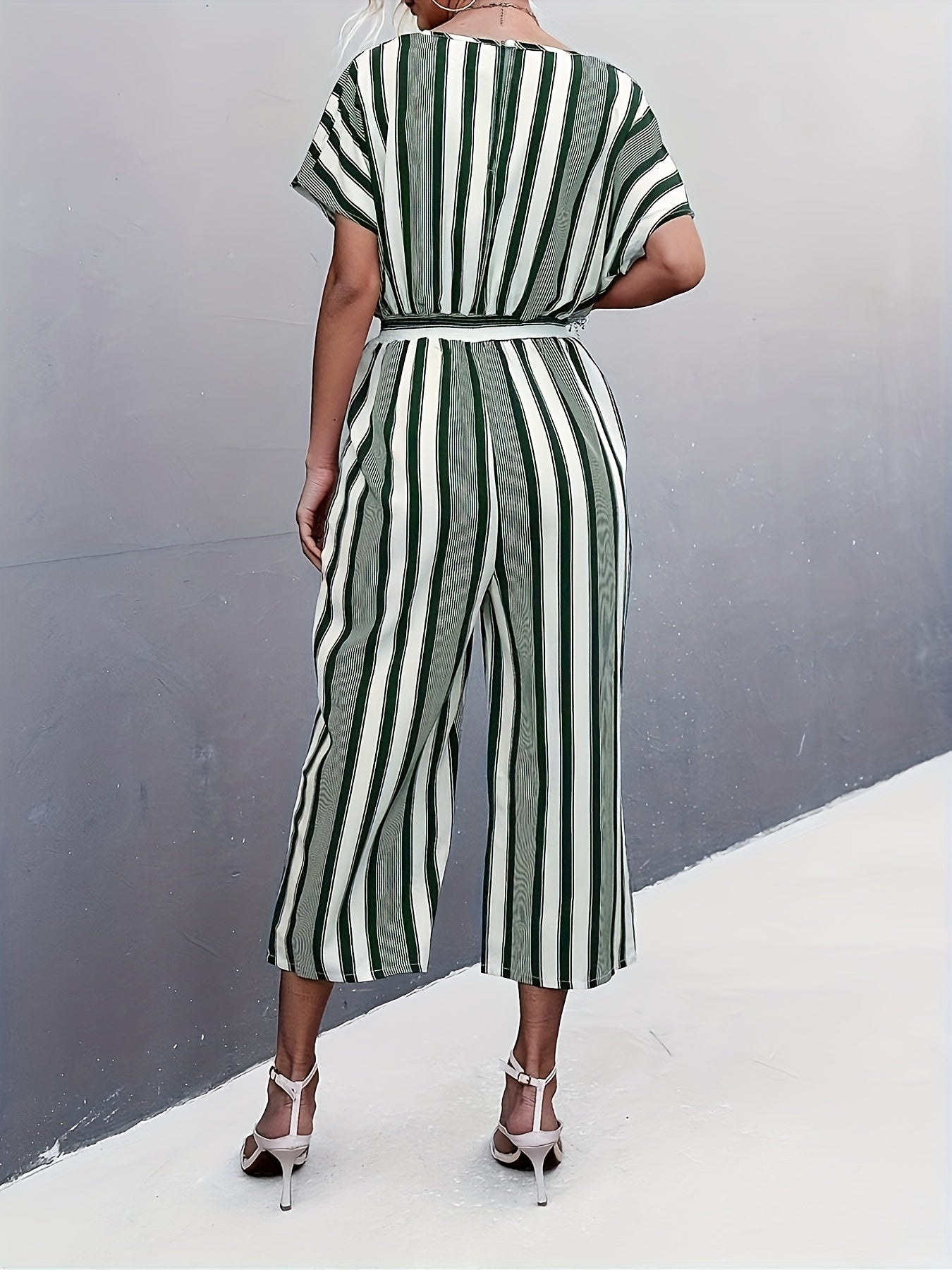 Striped Surplice Neck Belted Jumpsuit Casual Batwing Sleeve Jumpsuit