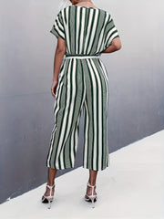 Striped Surplice Neck Belted Jumpsuit Casual Batwing Sleeve Jumpsuit