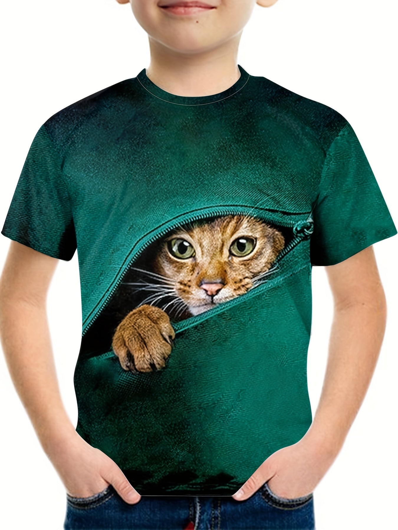 Boy's Zipper & Cat Graphic T shirt Casual Slightly Stretch Tee Kid's Clothing