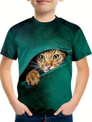 Boy's Zipper & Cat Graphic T shirt Casual Slightly Stretch Tee Kid's Clothing