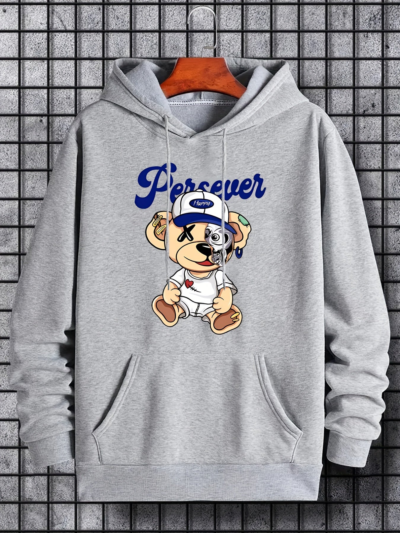 Teddy Bear Print Hoodie Men's Casual Pullover Hooded Sweatshirt