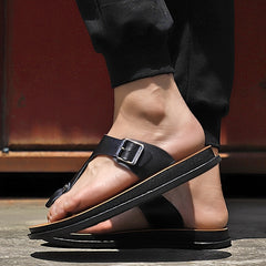 Men's Leather Flip Flops Lightweight Comfortable Non Slip Thong Sandals
