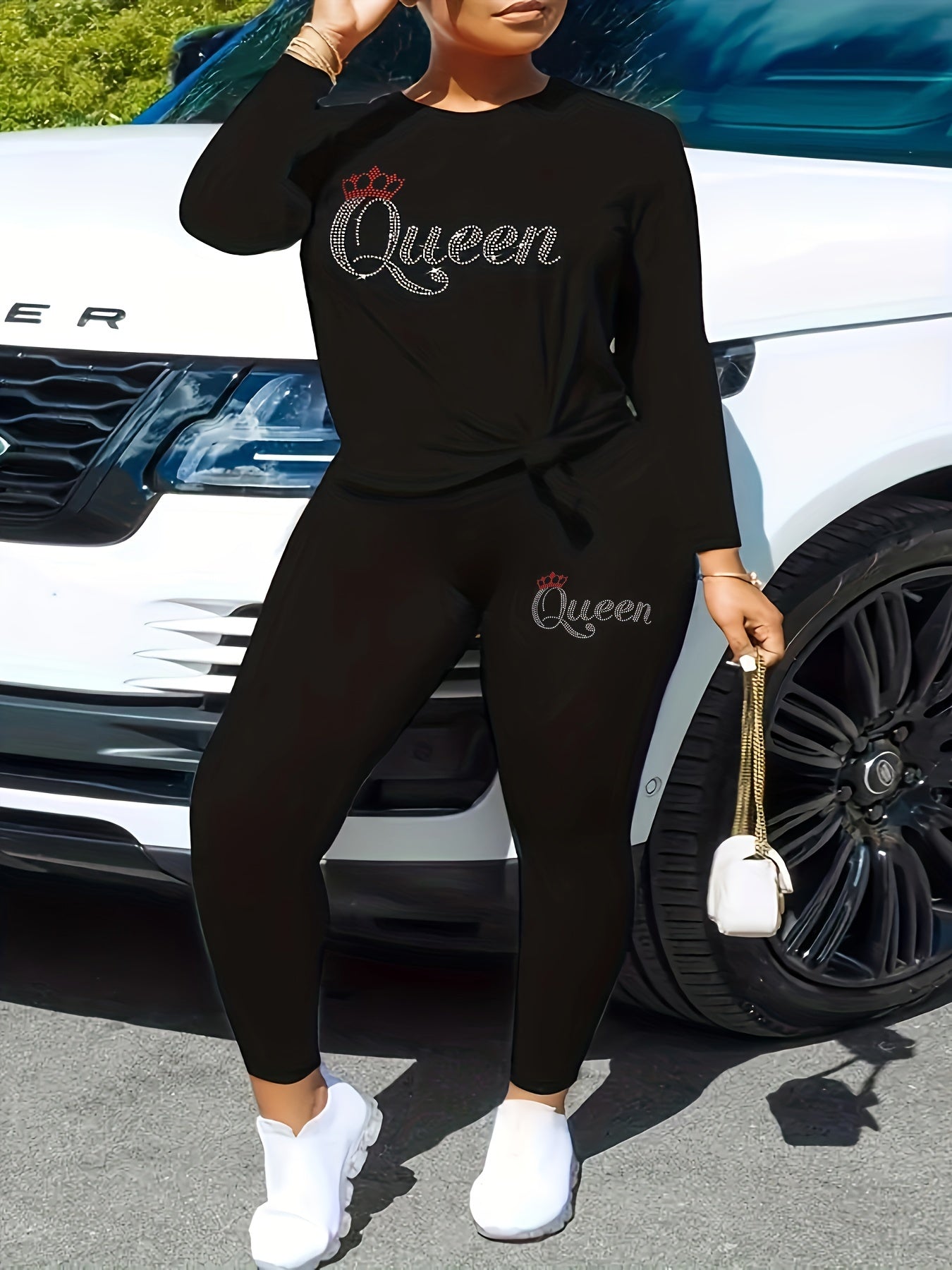 Women's Plus Glitter Letter & Crown Print Top & Pants Set