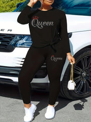 Women's Plus Glitter Letter & Crown Print Top & Pants Set