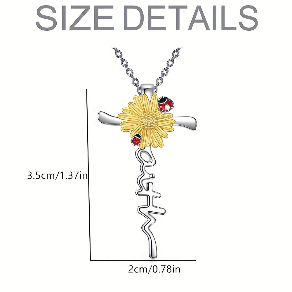 Sunflower Ladybug Decor Cross Pendant Necklace for Girls
