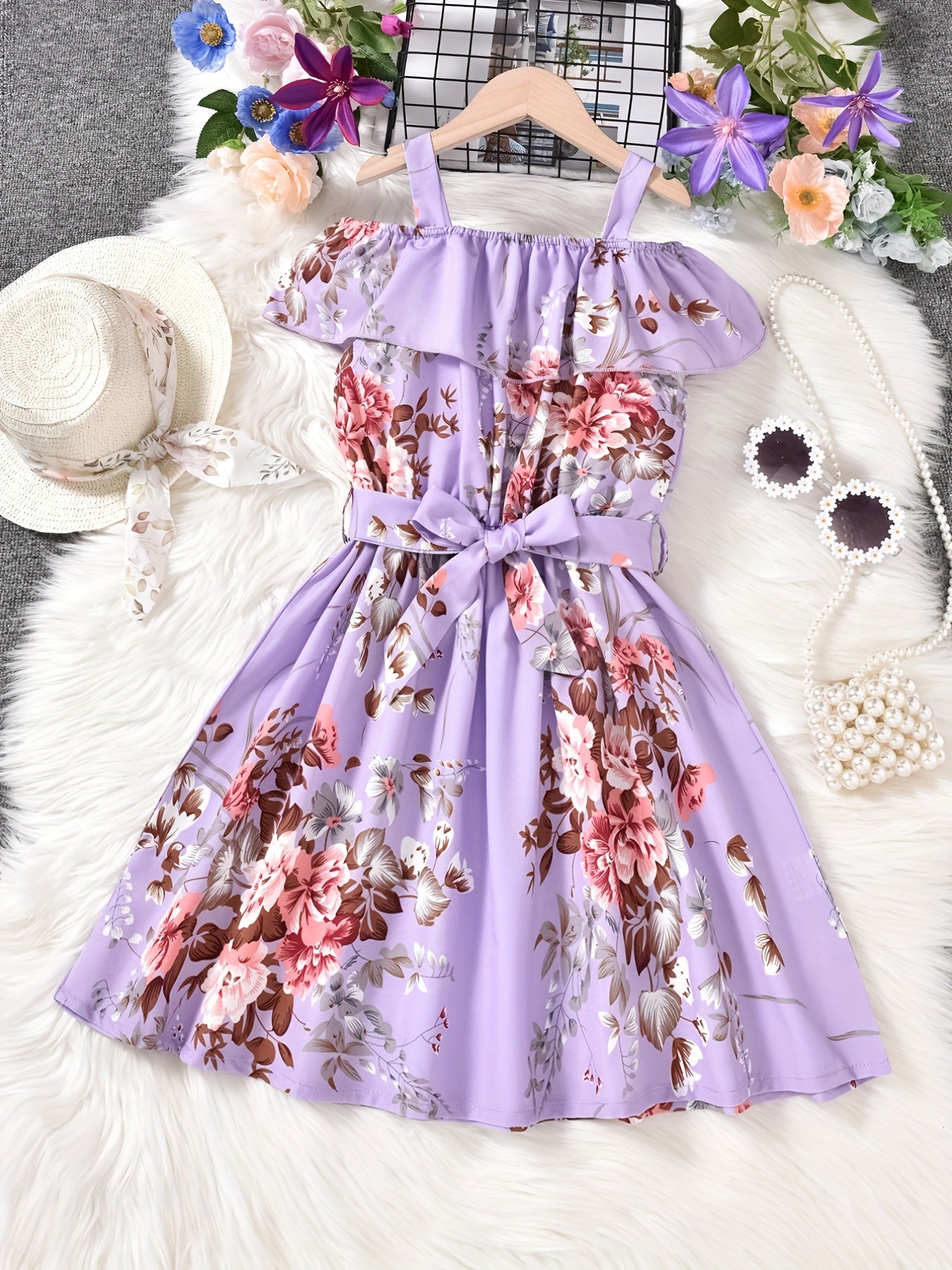 Girls Cold Shoulder Ruffle Trim Flowers Graphic Princess Dress