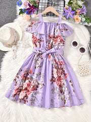 Girls Cold Shoulder Ruffle Trim Flowers Graphic Princess Dress