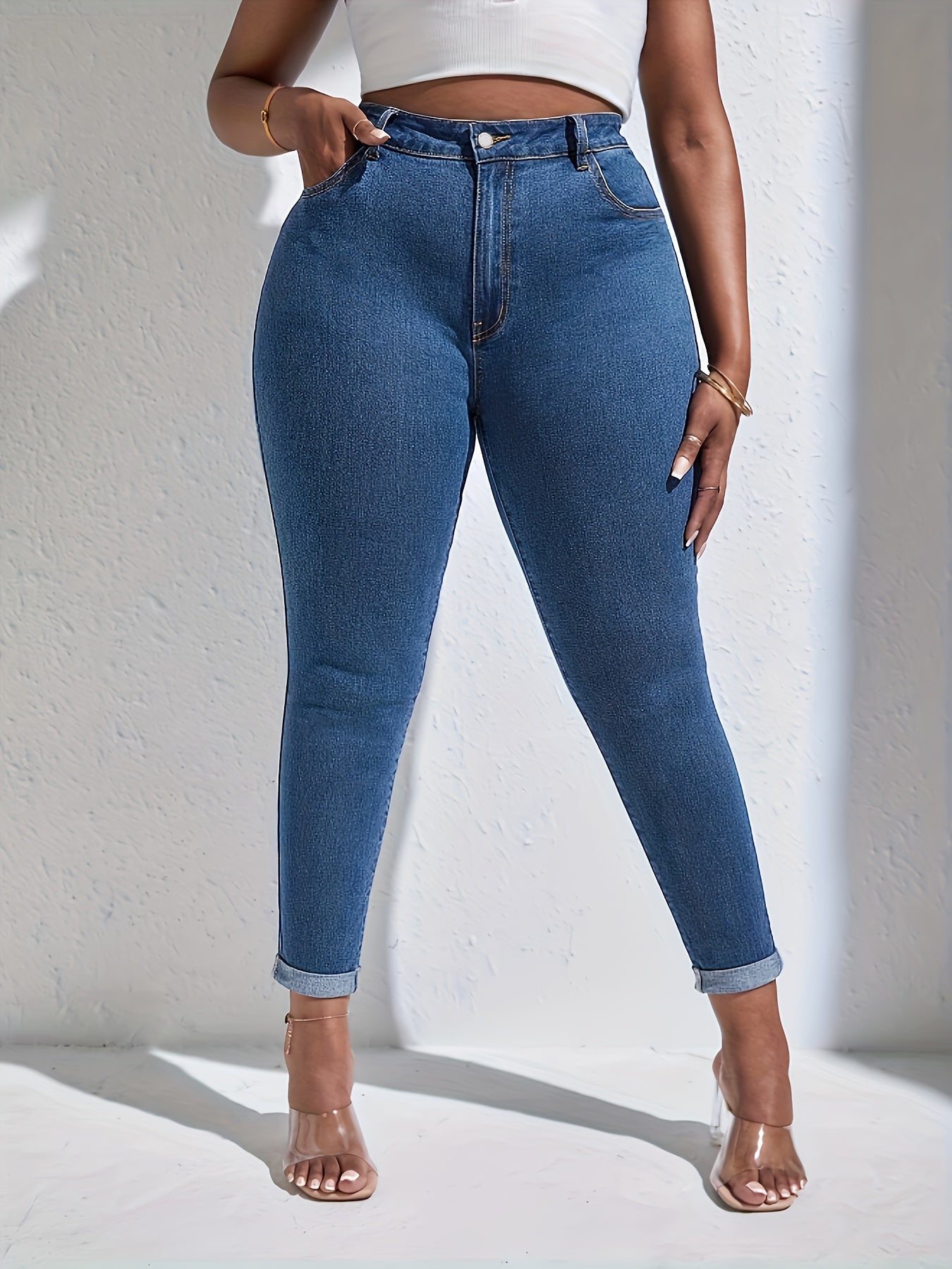 Sexy Jeans Women's Plus Solid Roll Up High Rise High Stretch Skinny