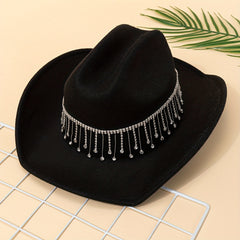 Rhinestone Tassel Vintage Fedora Cap Cowgirl Jazz Hat Unisex Boho Felt Hat
