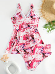 Marble Print Tankini Set with Surplice Neck Dress & Shorts