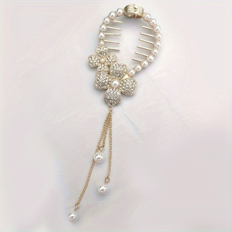 Flower Rhinestones & Faux Pearls Hair Clip Women Girls