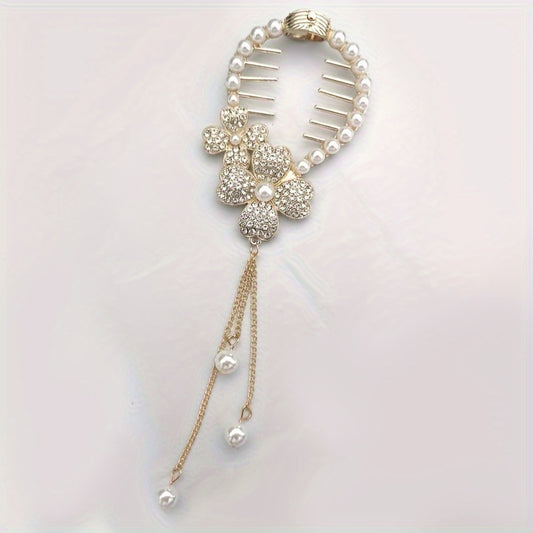 Flower Rhinestones & Faux Pearls Hair Clip Women Girls