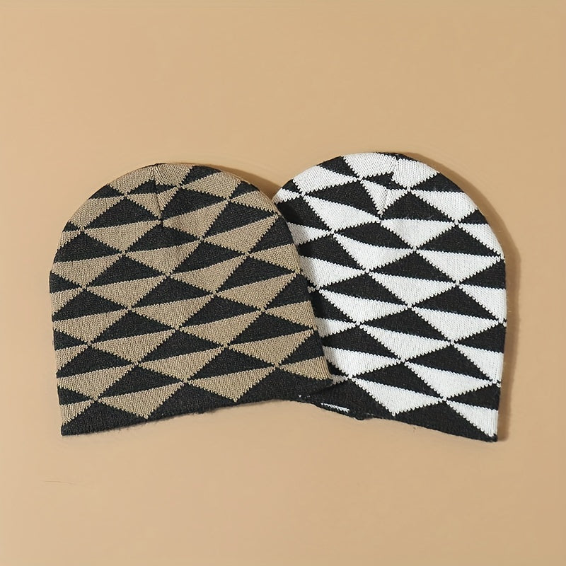 Dark Rhombic Jacquard Beanie Y2K Casual Knit Hat Elastic Skull Hat