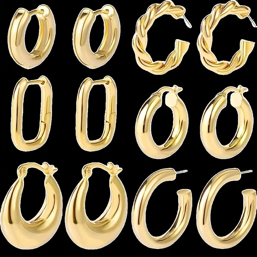 6 Pairs Golden Hoop Earrings Set Hypoallergenic Open Curved Jewelry