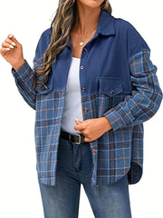 Plaid Print Splicing Jacket Long Sleeve Button Front Outerwear