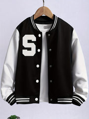 Youth Varsity Jacket Letter Snap Button Casual Baseball School Coat
